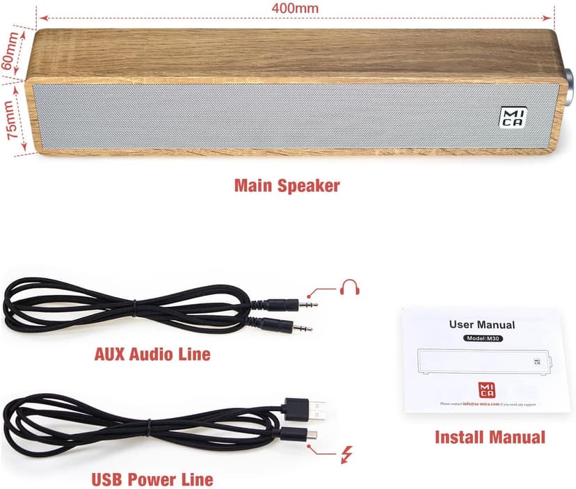 MICA Computer Speakers, Wired Computer Sound Bar, Wooden Mini Soundbar, USB Powered PC Speakers for Desktop Monitor, Laptop, Tablet, 3.5mm Aux Connection, Angled (Yellow)
