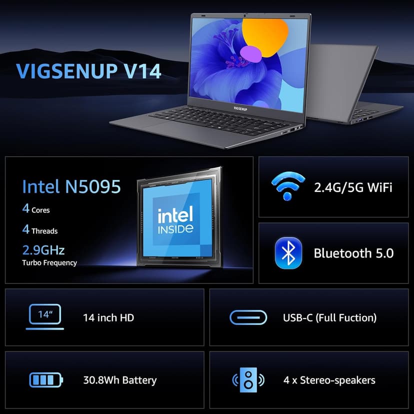 Laptop with MS Office Pro Plus 2024, 14 inch HD Display Laptop Computer, Quad-Core N5095 Up to 2.9 GHz, 8GB RAM 128GB SSD Laptops, 2.4G/5G WiFi, BT 5.0, USB 3.0, Webcam, Long Battery Life