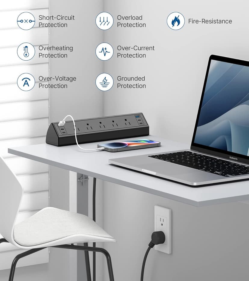 Desk Clamp Power Strip USB C,40W Total Fast Charging Station,4 PD 20W USB C Ports,Desk Edge Mount Power Strip 6 USB Ports 5 AC Outlets Surge Protector,Fit 1.96" Tabletop Edge,ETL Listed