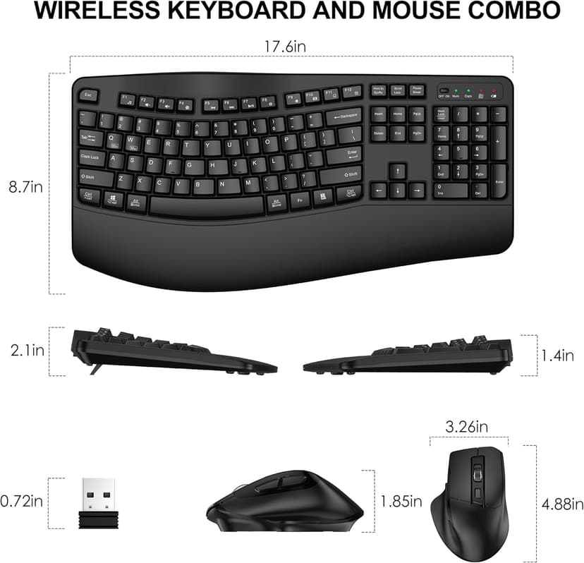 Wireless Keyboard and Mouse Combo, 2.4G Full Size Wave Keys Ergonomic Keyboard with Wrist Rest and 3-Level DPI Adjustable Wireless Ergonomic Mouse for Windows, Mac OS Desktop/Laptop/PC(Black)
