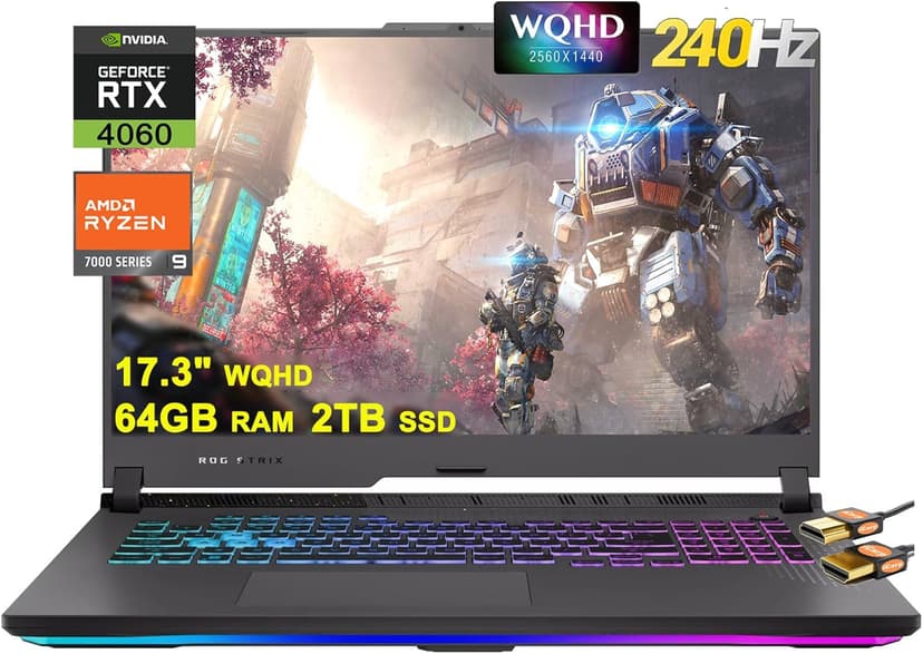 Asus ROG Strix G17 G713 Gaming Laptop 17.3" WQHD IPS 240Hz AMD 12-Core Ryzen 9 7845HX (Beat i9-12900H) 64GB DDR5 2TB SSD GeForce RTX 4060 8GB USB-C RGB Backlit Fast Charging Win11 Black + HDMI Cable