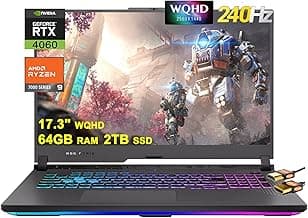 Asus ROG Strix G17 G713 Gaming Laptop 17.3" WQHD IPS 240Hz AMD 12-Core Ryzen 9 7845HX (Beat i9-12900H) 64GB DDR5 2TB SSD GeForce RTX 4060 8GB USB-C RGB Backlit Fast Charging Win11 Black + HDMI Cable