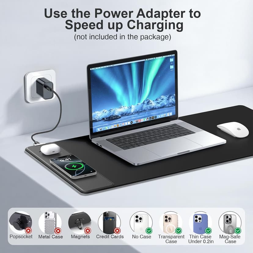 Wireless Charging Mouse Pad, 31.5"x15.8" Large Gaming Desk Mat with 15W Fast Charging, Ultra-Smooth Surface, Non-Slip Base, Waterproof Mousepad Keyboard Pad for PC, MacBook, Laptop, Black