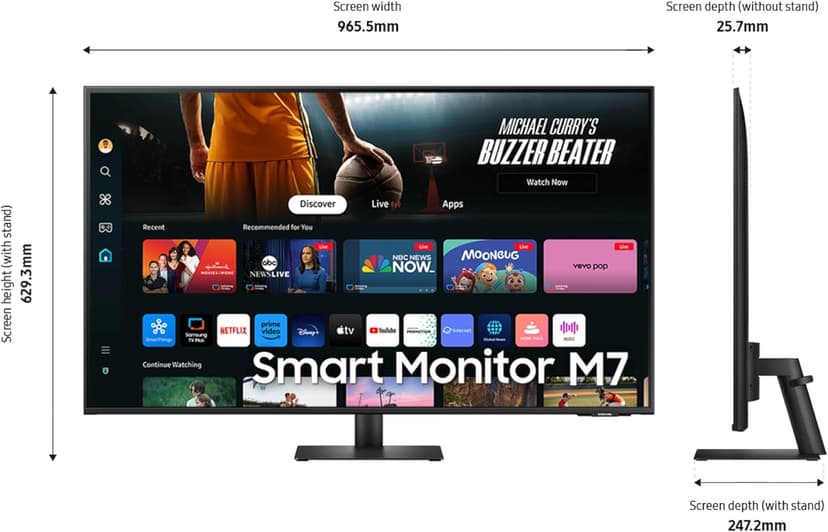 Samsung 43-Inch M7 (M70D) Series 4K UHD Smart Monitor, Speakers, HDR10, USB-C, Multiple Ports, Gaming Hub, SolarCell Remote, Vision Accessibility Tools, LS43DM702UNXGO, Black