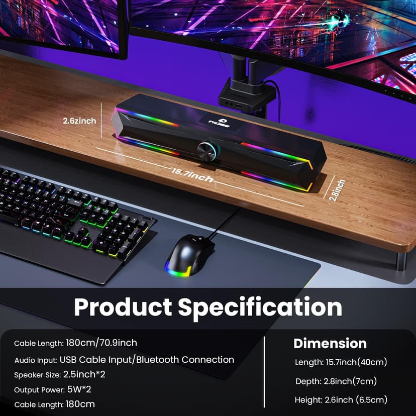 Bluetooth Computer Speakers for Pc Desktop with Clear Sound, Flowing LED Computer Speaker for Desktop Laptop Monitor, Bluetooth & USB Input