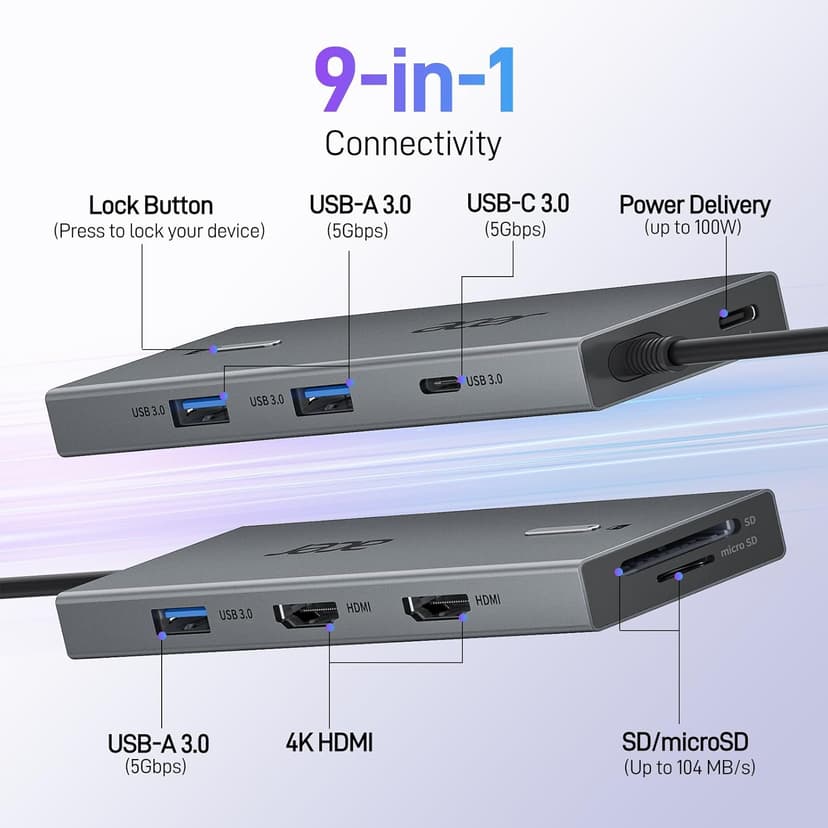 Acer USB C Docking Station Dual HDMI Monitor, Laptop Multiport Adapter with 4K HDMI, USB A&C 3.0 Ports, SD/Micro SD, 100W PD Charging, USBC Dock Compatible with Mac/Acer/Dell XPS/HP/Surface etc