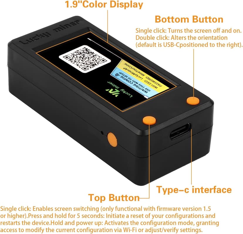 Bitcoins Miner Lotto Mining Device 78K/S 2.4G WiFi/Hotspot SHA-256 Asic Chip BM1366 Portable LV02 Micro Silent Cryptocurrency Home Use BTC Miner Machine Solo Miner
