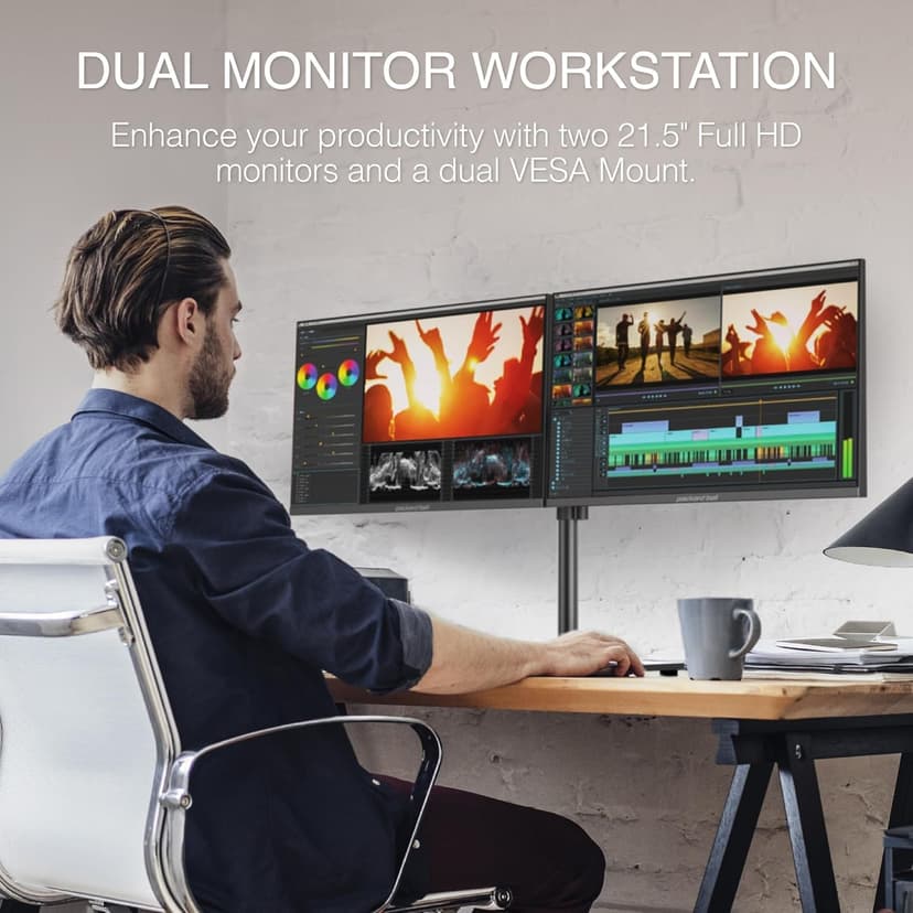 Packard Bell airFrame Dual Monitor Workstation – Two 21.5" Full HD Screens, VESA Mount, 1920x1080, 75Hz, Tilt Adjustable, HDMI/VGA, Slim Bezel – Ideal for Home, Office, Productivity & Light Gaming