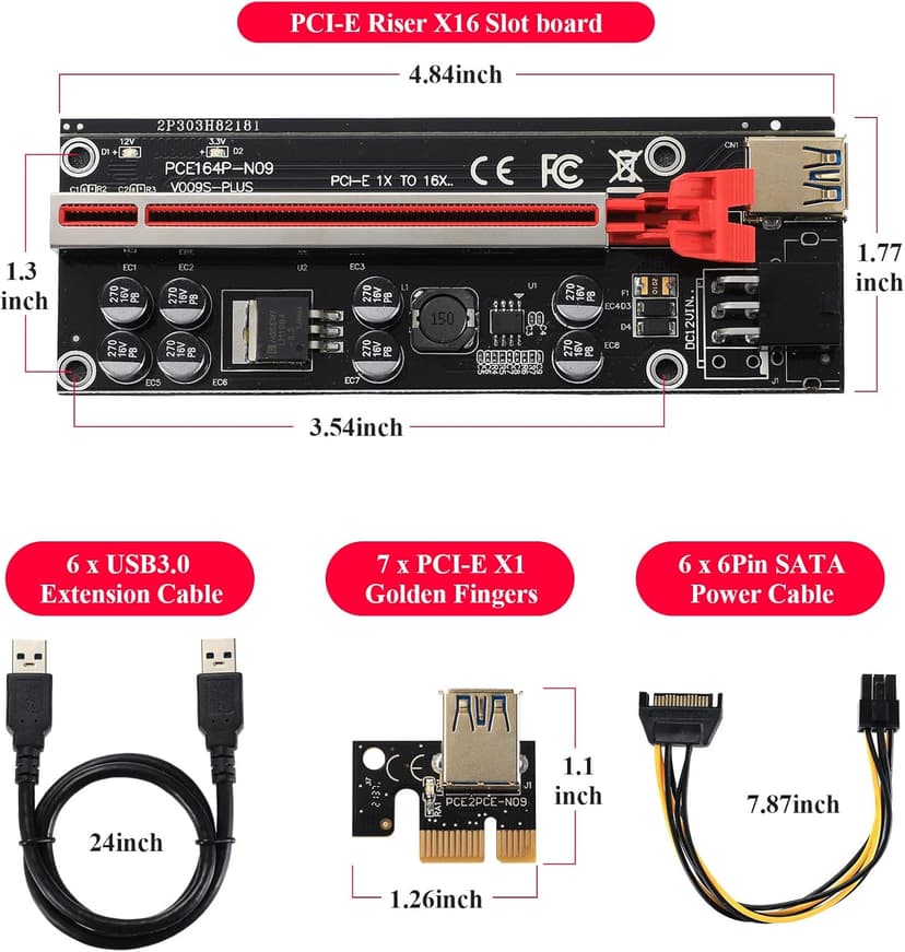 6PACK PCI-E 1X to 16X V009S-PLUS Riser Card with 7 PCI-E 1X Plug-in Adapter Card with 24in USB 3.0 Extension Cable for Bitcoin Crypto Mining Ethereum Mining（6 Pack）