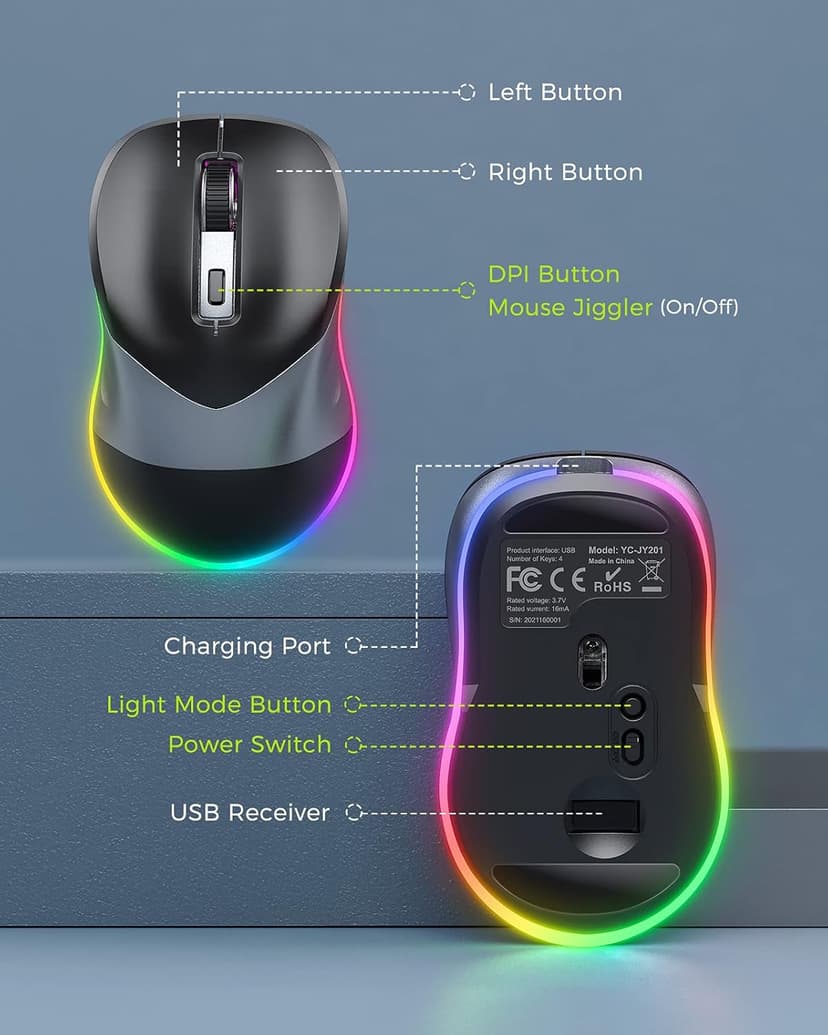 PEIOUS Wireless Mouse, Jiggler Mouse for Laptop - LED Mouse Rechargeable Computer Mice Mouse Mover Undetectable Random Movement with On/Off Button Keeps Computer Awake - Black&Grey