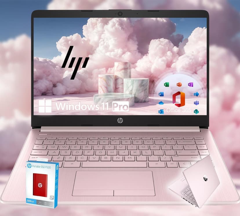 HP 14 Ultrabook • Intel 4-Core CPU • Back to School Limited Edition with Microsoft 365 • 16GB RAM • 1600GB Storage (64GB OnBoard withHP 512GB P500 Portable SSD + 1TB OneDrive) • Win 11 Pro • Pink