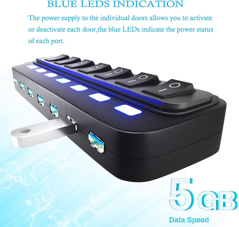 USB Hub 3.0, 7 Port USB Hub Splitter with Individual On/Off LED Switches, 5Gbps HighSpeed Data USB Extension for Laptop, iMac, USB Flash Drives, Mobile HDD, Printer, Camera and More