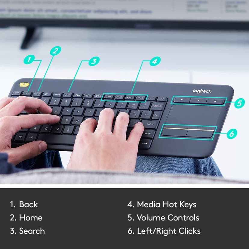 Logitech K400 Plus Wireless Touch TV Keyboard With Easy Media Control and Built-in Touchpad, HTPC Keyboard for PC-connected TV, Windows, Android, ChromeOS, Laptop, Tablet - Black