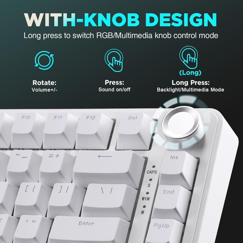 YUNZII B75 Mechanical Keyboard,75% Layout with Knob,Hot Swappable RGB Backlit Gasket Mounted, Creamy Typing, Double-Shot PBT Keycaps,Cherry Profile,for Win/Mac (White, Blue Grey Tactile Switch)