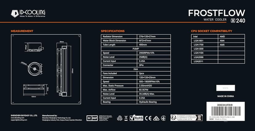 ID-COOLING FROSTFLOW X 240 CPU Water Cooler AIO Cooler 240mm CPU Liquid Cooler White LED 2x120mm PWM Fans, Intel 1700/1200/115X, AMD AM5/AM4