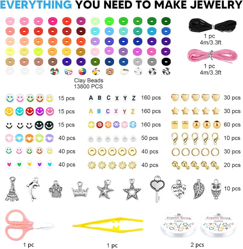 Dowsabel 15000 Pcs Clay Beads Bracelet Making Kit, 4 Boxes 72 Colors Friendship Clay Beads Bracelet Kit with Charms Kit for Jewelry Making, DIY Arts and Crafts Gifts for Kids and Adults