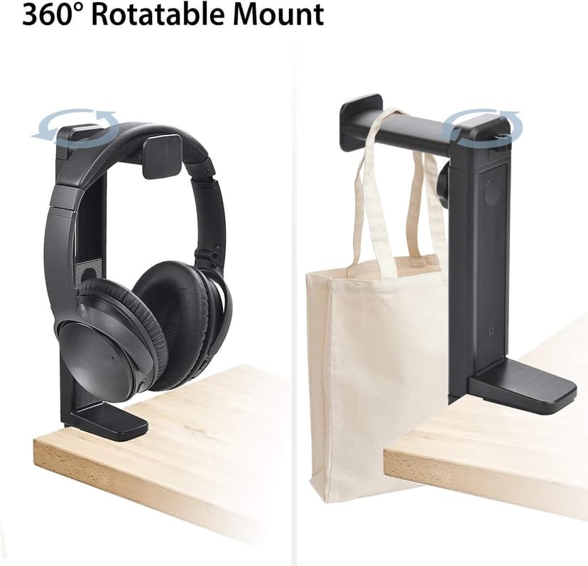 NEETTO HS906 Headphone Stand & Hanger 2 in 1, Above & Under Desk Gaming Headset Holder Mount Hook with Height Adjustable & Rotating Clamp, Earphone Rack with Cable Clip