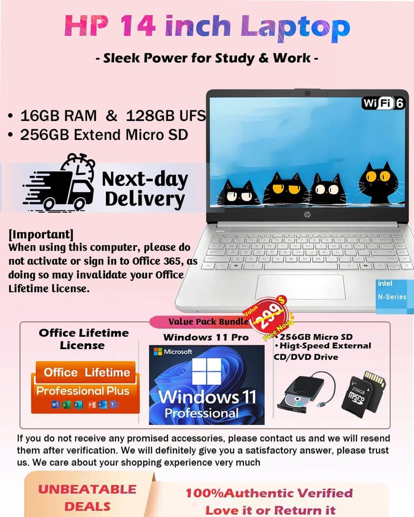 HP Business Student Laptop Computer - Windows 11 Pro & Microsoft Office Lifetime | 14 inch HD | AI-Powered, 12 Hr Batter N-Serious Laptop| 16GB RAM, 128GB UFS, 256GB Extend Micro SD | Silver