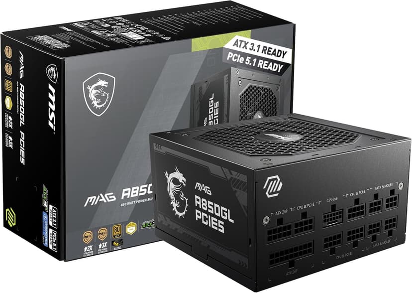 MSI MAG A850GL PCIE 5.1 & ATX 3.1 Gaming Power Supply - Full Modular - 80 Plus Gold Certified 850W - Compact Size - ATX PSU - 10 Year Warranty