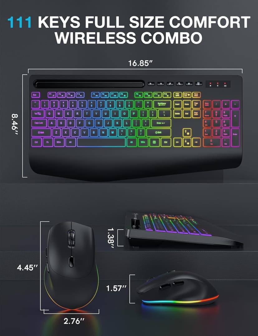 Wireless Keyboard and Mouse Combo, 9 Backlit Effects, Wrist Rest, Phone Holder, 2.4G Lag-Free Ergonomic Keyboards, Rechargeable Silent Cordless Set for Computer, Laptop, PC, Mac, Windows -SABLUTE