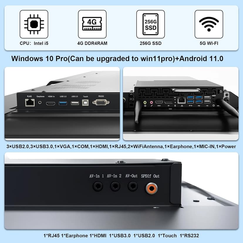 55" 4K Touch Screen Dual System All-in-One Computer for Senior Center, Wall-Mountable, Intel i5 Win 10 Pro, 4GB RAM/256GB SSD, Android 11, Anti-Glare, HDMI/USB/VGA/Bluetooth/WiFi