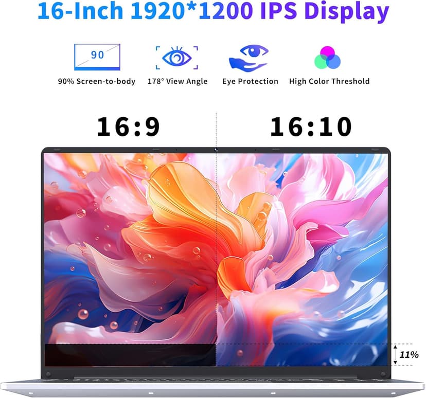 16 Inch Laptop Computer 2025, Gaming Laptop, 16GB RAM 1TB SSD, N100 Processor, FHD 1920 * 1200, 180° Open, Backlit Keyboard, Windows 11 Pro, Fingerprint Unlock, UHD Graphics 750 MHz, Student