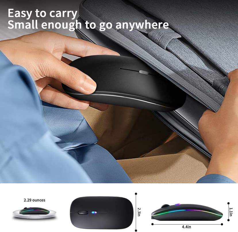 Wireless Bluetooth Mouse – Rechargeable, Silent, Dual Mode (Bluetooth 5.2 & USB) with LED Lights – Portable for Laptop, Desktop, & Tablet(Black)