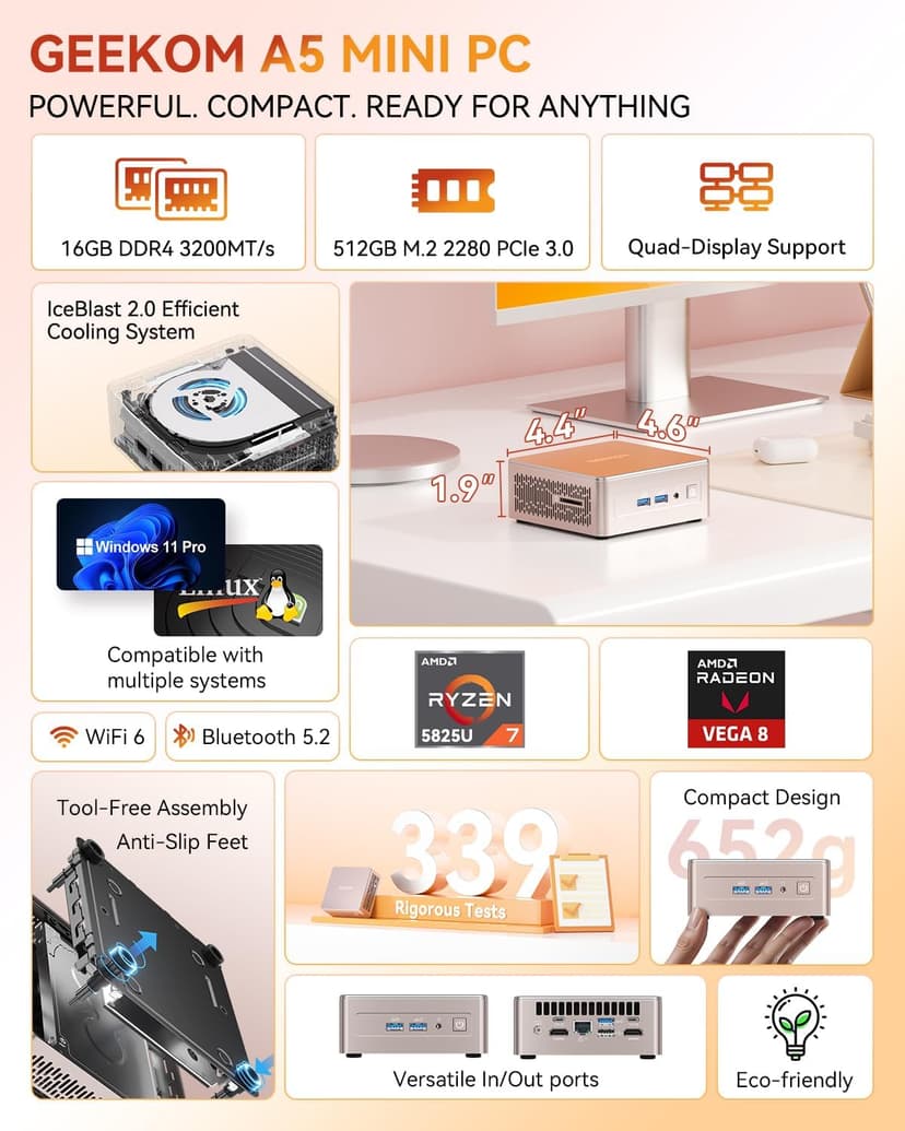 GEEKOM A5 Mini PC, AMD Ryzen 7 5825U, 16GB RAM&512GB M.2 NVMe SSD, Windows 11 Pro Desktop Computer, Vega 8 Graphics, 8K UHD, Dual HDMI | Wi-Fi 6, BT 5.2, USB 3.2 | Home & Office