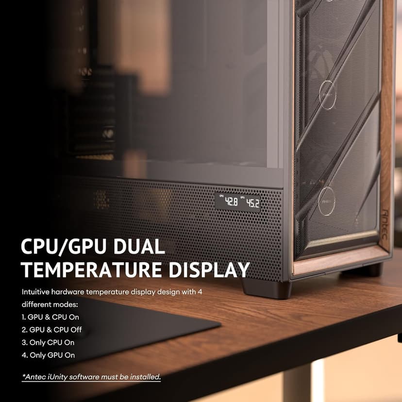 Antec Flux Pro, 6 x PWM Fans Included, High-Airflow Front Panel with Walnut Wood, iShift PSU 90° Mount, USB3.0 x 2, Type-C, 420mm Radiator Support, Temp. Display, Full-Tower E-ATX PC Case