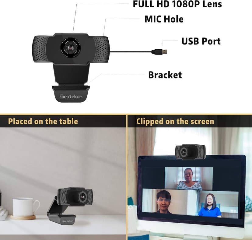 Septekon 1080P HD Webcam with Microphone, Streaming Computer Web Camera for Laptop/Desktop/Mac/TV, USB PC Cam for Video Calling, Conferencing, Gaming