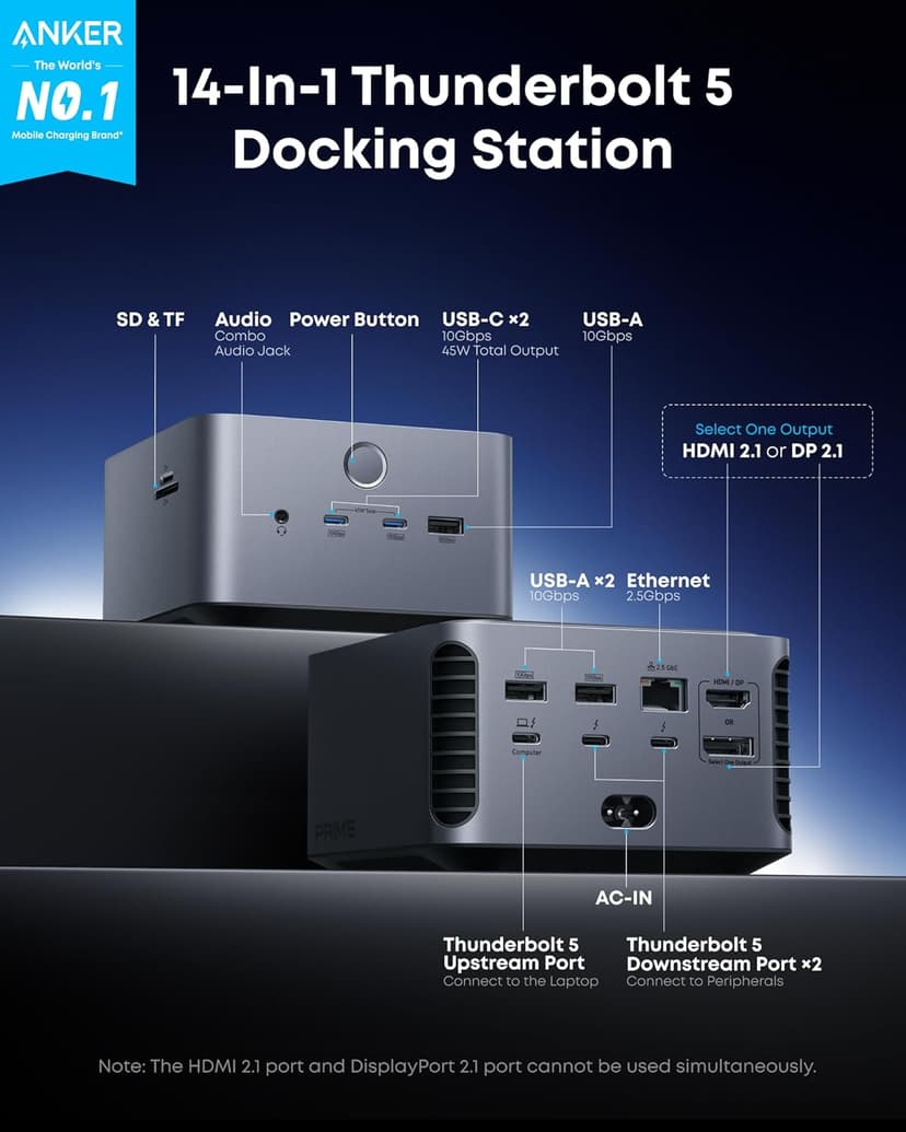 Anker Prime TB5 Docking Station, 14-in-1 Thunderbolt 5 Dock with 120Gbps Max Transfer, 140W Max Charging, Ambient LED Lighting, Cooling System, Up to 8K Display for Thunderbolt 5/4 Laptops