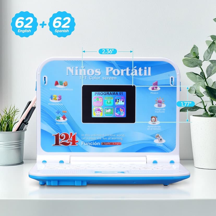 Educational and Bilingual Laptop Spanish/English, Color Screen Learning Laptop with 124 Learning Modes, Computer for Kids Ages 5+