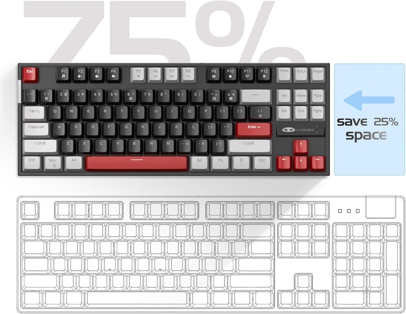 MageGee 75% Mechanical Gaming Keyboard, Red Switch, LED Blue Backlit, 87 Keys Compact TKL Wired Computer Keyboards for Windows Laptop PC Gamer - Black/Grey