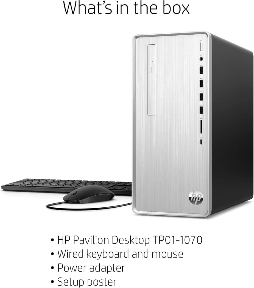 HP Pavilion Desktop, 10th Gen Intel Core i7-10700 Processor, 16 GB RAM, 1 TB hard drive + 256 GB SSD, Windows 10 Home (TP01-1070, Silver)
