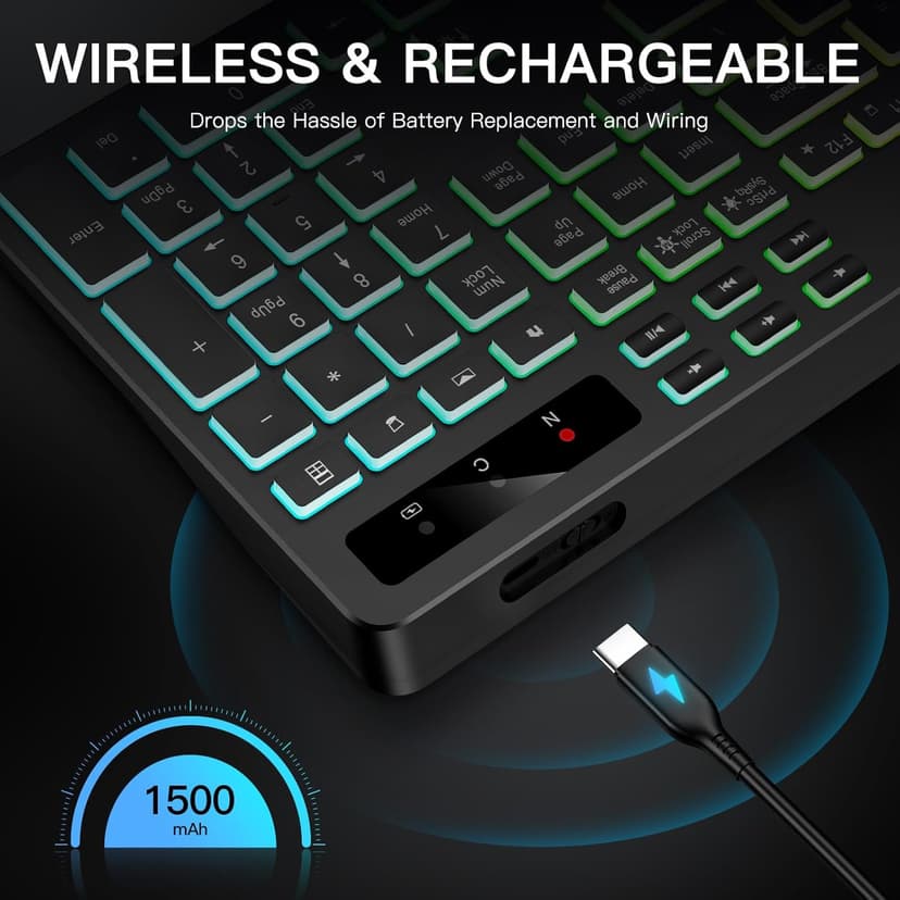 Wireless Keyboard with 7-Color RGB Backlit, Full-Size Computer Keyboard with Phone Tablet Holder, 2.4G Rechargeable Gaming Keyboard with Light Up Keys, Compatible with Mac, Windows (Black)