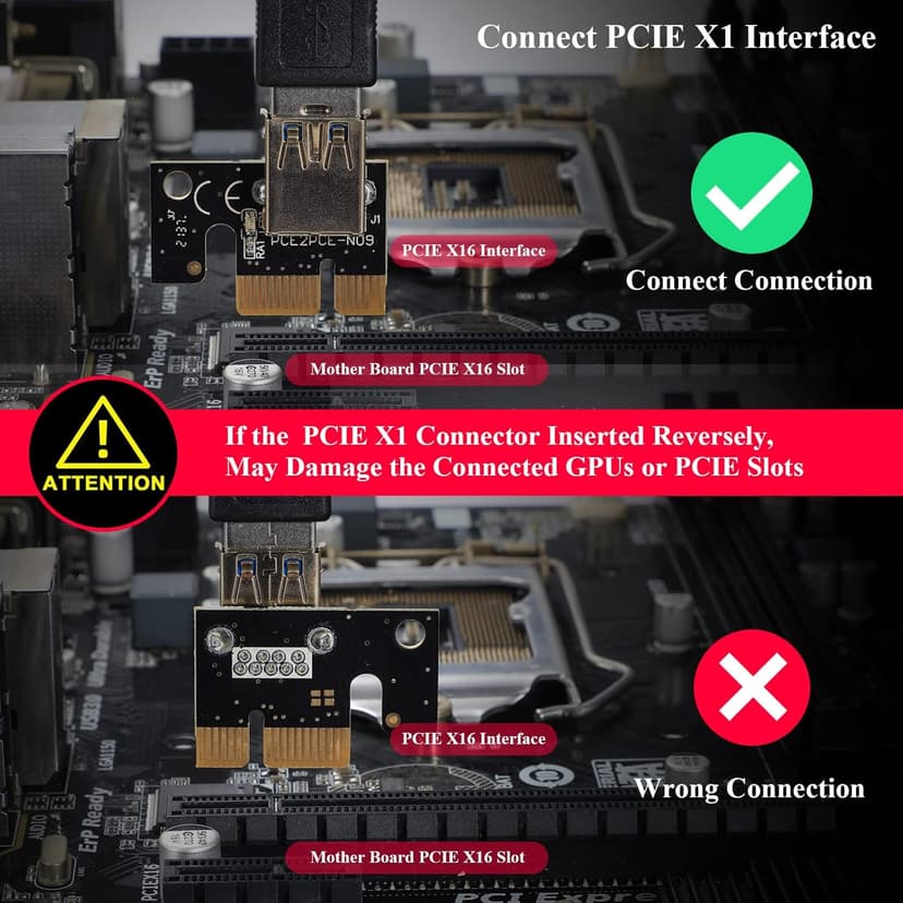 6PACK PCI-E 1X to 16X V009S-PLUS Riser Card with 7 PCI-E 1X Plug-in Adapter Card with 24in USB 3.0 Extension Cable for Bitcoin Crypto Mining Ethereum Mining（6 Pack）