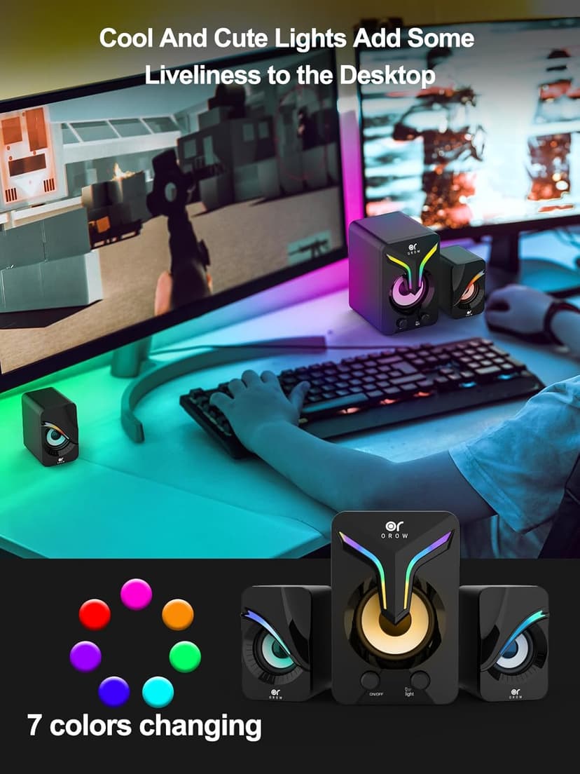 OROW Computer Speakers,Mini PC Speakers with Subwoofer,2.1 Desktop Speaker with RGB Lights,USB Powered, Stereo Sound,Gaming Speakerwith 3.5mm Aux Cable for Monitor/Laptop/Tablet(S212)