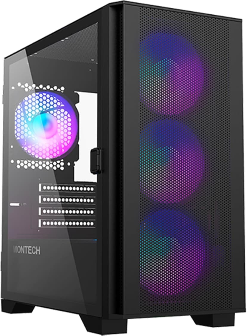 Montech AIR 100 ARGB Micro-ATX Tower with Four ARGB Fans Pre Installed, Ultra-Minimalist Design, Fine Mesh Front Panel, High Airflow, Unique Side Swivel Tempered Glass, Black