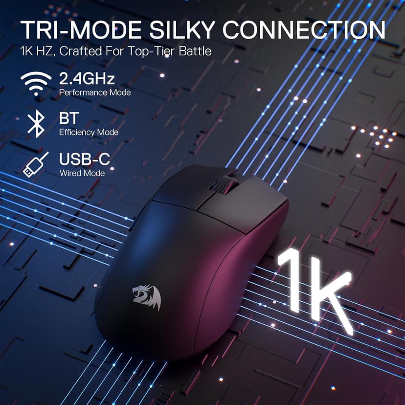 Redragon M916 PRO 3-Mode Wireless Gaming Mouse, 49G Ultra-Light 26K DPI Mouse w/Ergonomic Natural Grip Build, Full Programmable Buttons, Software Supports DIY Keybinds & DPI