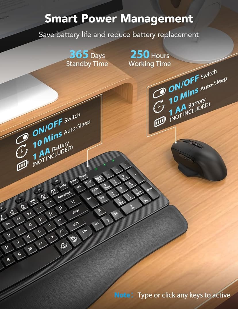 Wireless Keyboard and Mouse Combo, Ergonomic Wave Keys, Cushioned Plam Rest, Comfortable Silent Natural Typing, 2.4G Lag-Free, Full Size Keyboards Cordless Set for Multi-OS, Windows/Mac -SABLUTE