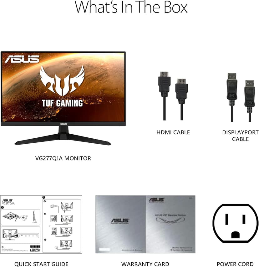 ASUS TUF Gaming 27" 1080P Monitor - Full HD, 165Hz (Supports 144Hz), 1ms, Extreme Low Motion Blur, FreeSync Premium, Shadow Boost, Eye Care, HDMI, DisplayPort, Tilt Adjustable - VG277Q1A,Black