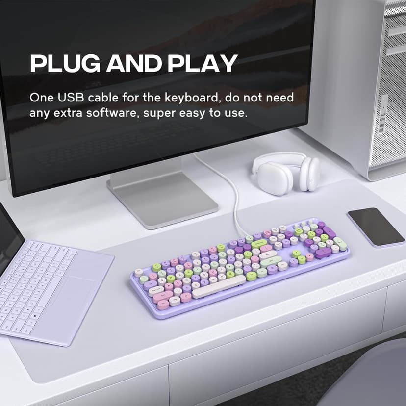 Computer Keyboard Wired, Plug and Play USB Retro Round Typewriter Keyboard, Full Size Wired Keyboard with Foldable Stands for Laptop and Office PC- Purple Colorful