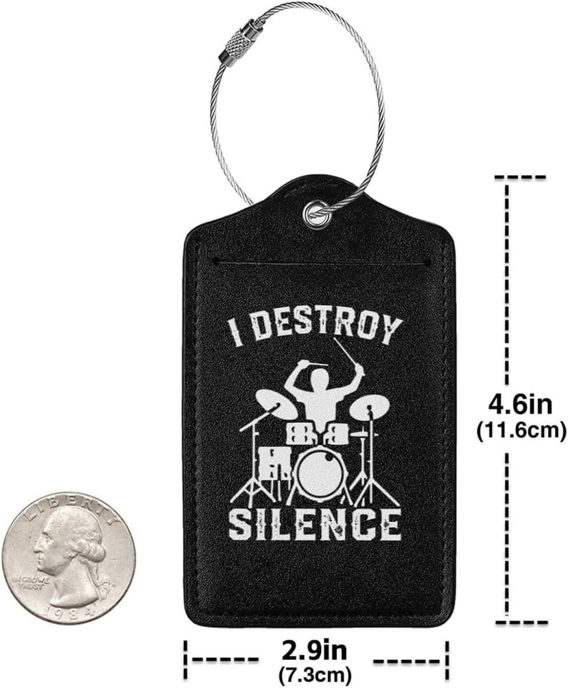 I Destroy Silence Drums Suitcase Tags with Name Id Labels Stainless Steel Loop Luggage Tag, for Suitcase Travel Bag 4 PCS