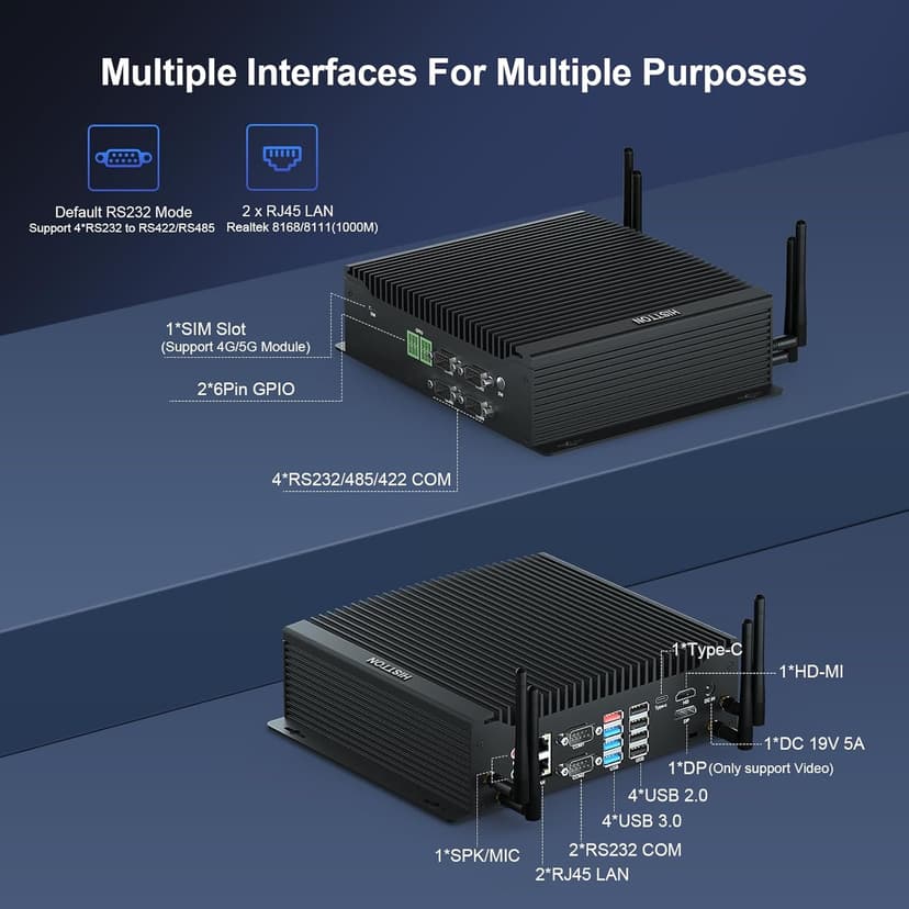 HISTTON Fanless Mini PC Core i7-10710U, 16GB RAM 512GB M2. SSD, Industrial PC with 6 RS232 COM, HD+DP+Type-C Triple Display, 2 LAN, 8 USB, GPIO, SIM, WiFi, BT4.2, Mini PC Windows 11 Pro, Linux/Ubuntu