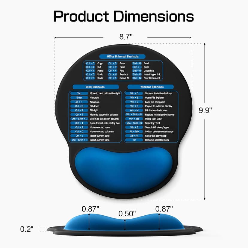 Mouse Pad with Wrist Rest - Ergonomic Memory Foam Support, Small Cute Excel Cheat Sheet Mousepad with Windows & Office Shortcuts, Non-Slip PU Base, for Computer Desk Laptop Travel, Black Blue