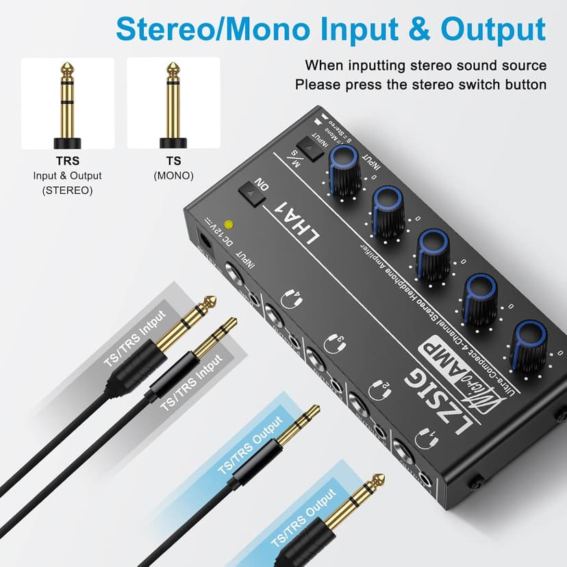 LZSIG Headphone Amplifier 4 Channel Metal Stereo Audio Amplifier, Mini Earphone Splitter with Power Adapter, 1/4" & 1/8" TRS Headphones Output and TRS Audio Input, DC 12V
