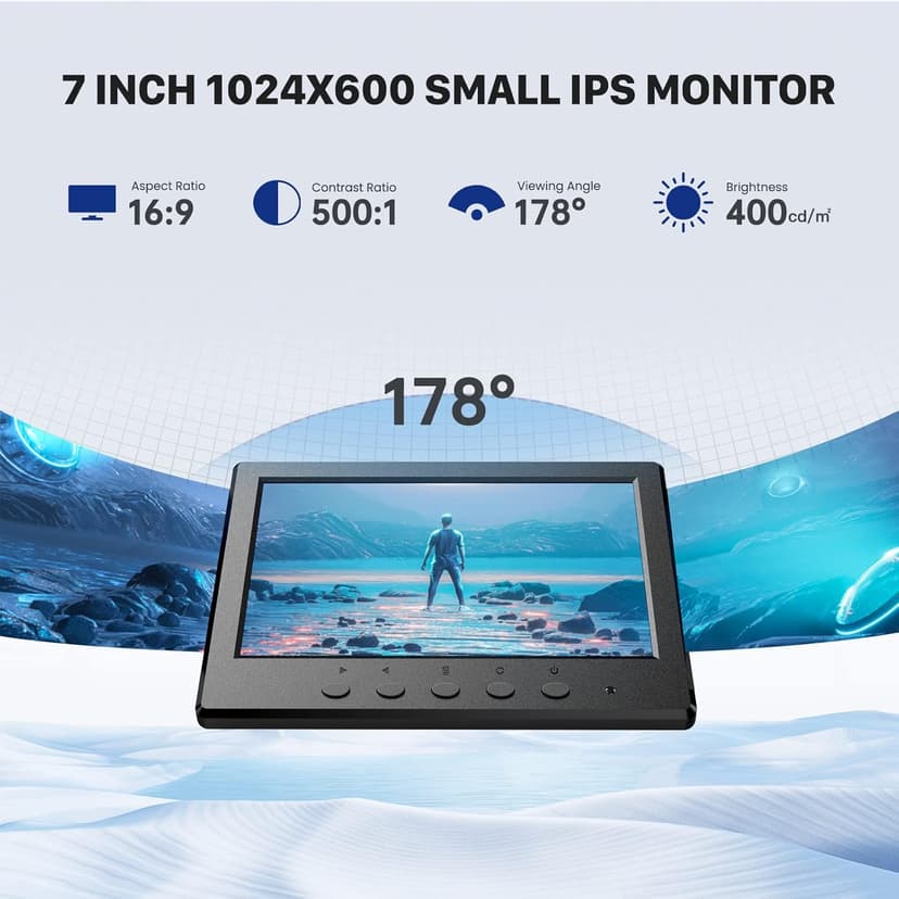 Eyoyo Mini Monitor 7 Inch Small HDMI Monitor 1024x600 LCD Screen Display HMDI AV VGA BNC USB Input for PC CCTV Security Camera Computer Laptop RasPi