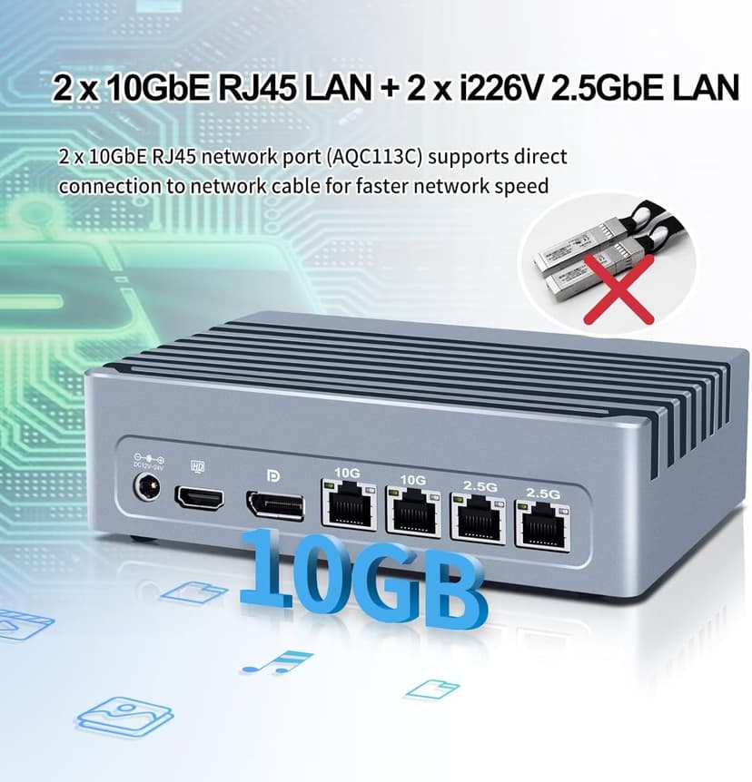 S7 Dual 10GbE Mini PC N305, Firewall Micro Appliance 4 LAN (2 x 10Gbit, 2 x i226V 2.5GbE), DDR5 8GB RAM 128GB SSD, 2 x NVMe Firewall Hardware, USB-C Port, 2USB3.2 10Gbps, SPK/MIC