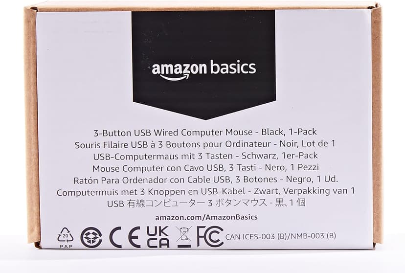 Amazon Basics 3-Button USB Wired Mouse with Scrolling and Tracking - Standard, Black