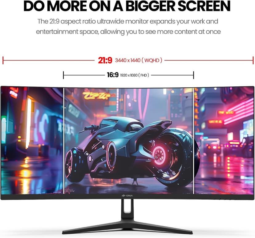 CRUA 34Inch Ultrawide Gaming Monitor, WQHD(3440 * 1440P) 144Hz/165Hz Curved Monitor,120% sRGB, Computer Monitor That Supports AMD Freesync, Wall Mountable Installs(HDMI, DP)-Black